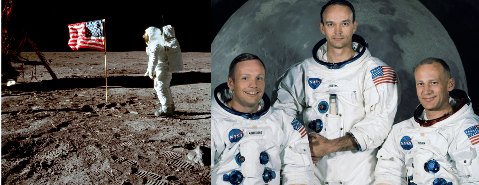 צוות אפולו 11 לקראת הטיסה ההיסטורית. מימין: אלדרין, קולינס, ארמסטרונג. משמאל: אלדרין על הירח | צילומים: NASA