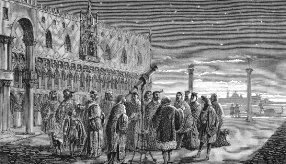 פיתח את מכשירי התצפית המשוכללים ביותר של זמנו. גלילאו מדגים את הטלסקופ שלו בוונציה | מקור: Science Photo Library