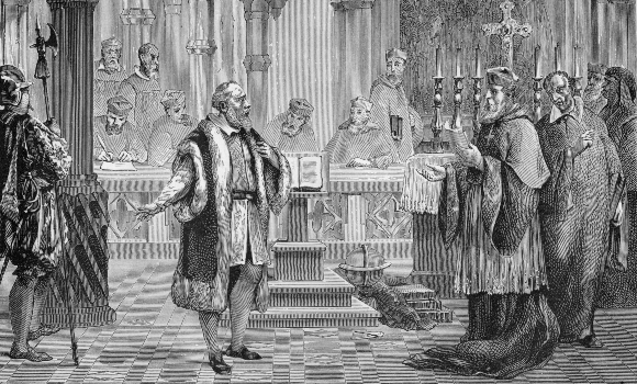 למזלו לא נדון למוות. משפטו של גלילאו בפני הכנסייה, תחריט של לואי פיגייה מ-1870 | מקור: Science Photo Library