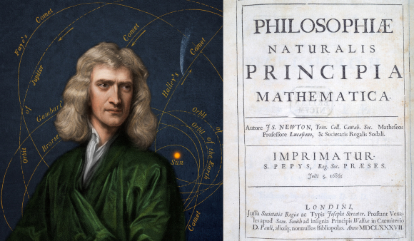 המסמר האחרון בארון הקבורה של המודל הגיאוצנטרי. ניטון ועמוד השער של ספרו המפורסם | מקור: Science Photo Library