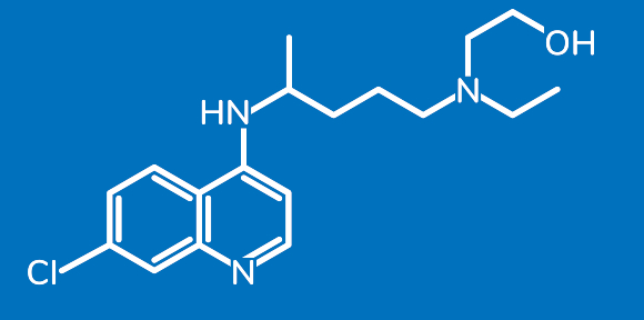 לפי המחקרים הראשוניים התרופה לא מונעת מוות מקורונה, ולא ברור אם היא מזיקה. מבנה המולקולה של הידרוקסיכלורוקווין | מקור: Z1HAM, Shutterstock