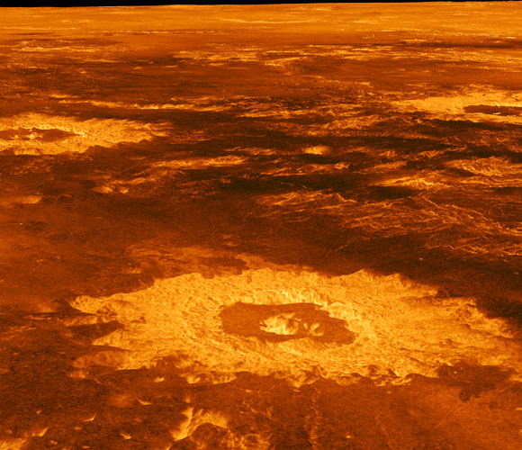 הדמיית מחשב תלת ממדית של פני השטח של נוגה, שהורכבה מנתוני מכ"מ של החללית Magellan. מקור: Science Photo Library