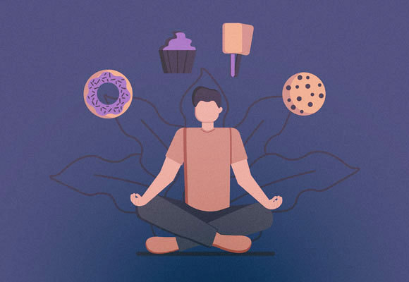 ציור של אדם בתנוחת מדיטציה עם מאכלים מתוקים מעל ראשו | Shutterstock