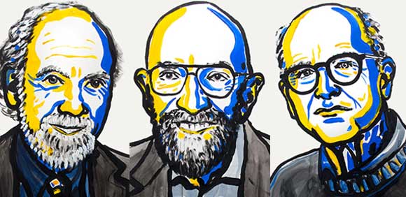 זיהו התנגשות בין חורים שחורים במרחק 1.3 מיליארד שנות אור. מימין: ריינר וייס, קיפ תורן, ובריש בריש | מקור: אתר פרס נובל