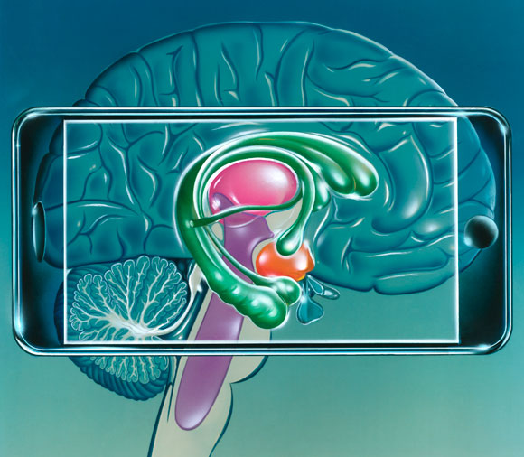 אילוסטרציה של טלפון חכם על מוח אנושי | Science Photo Library