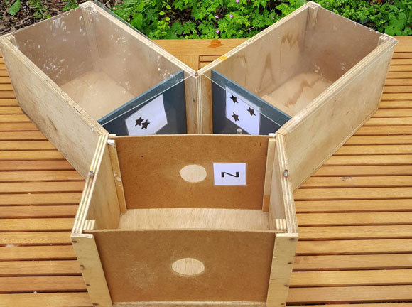 הדברוים המאומנות לקשר בין N למספר 2, אמורות לעוף לחדר השמאלי. מערכת הניסוי במחקר | צילום: RMIT University