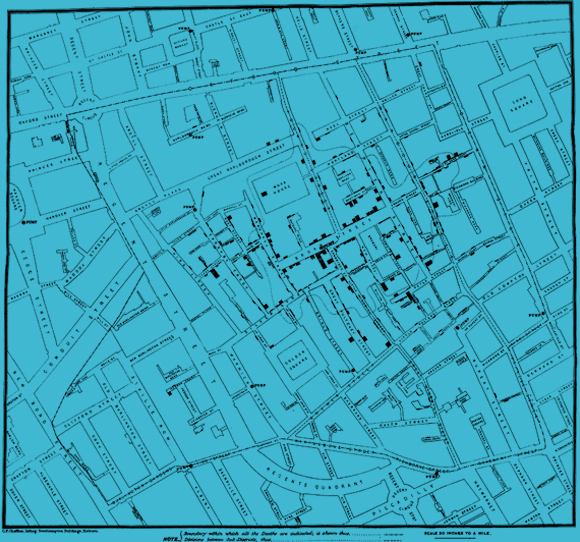 המפה שיצר ג'ון סנואו, ובה סימן באלו בתים היו מתים | US NATIONAL LIBRARY OF MEDICINE / SCIENCE PHOTO LIBRARY