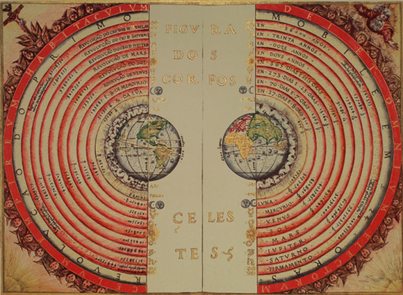 המודל הגיאוצנטרי עם כדור הארץ במרכז מ-1568, מעשה ידי ברתולומאיו וליו | מקור: ויקיפדיה, נחלת הכלל