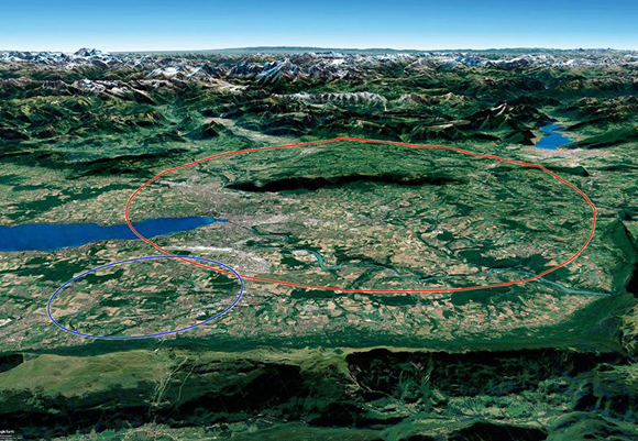 שואפים ל-100 ק"מ. תוואי המנהרה של המאיץ הנוכחי (בכחול) ושל המאיץ המתוכנן לעתיד (באדום) | מקור: CERN