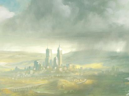 ציור עיר אנושית עטוית עשן, פיח, וביצות עקב אסון אקולוגי. קרדיט: טיילור ג'ייקובסון | Scientific American