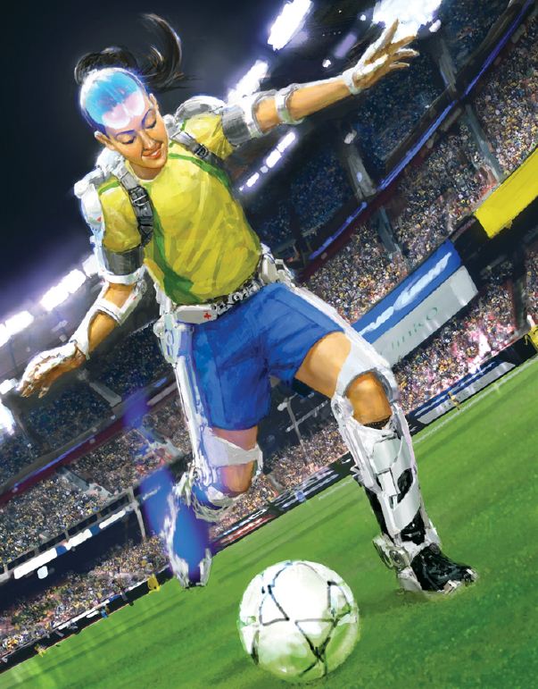 איור אשה משותקת שמשחקת כדורגל במדי נבחרת ברזיל באמצעות שלד חיצוני, המופעל בכוח המחשבה. קרדיט: קמפ רמיאר | Scientific American