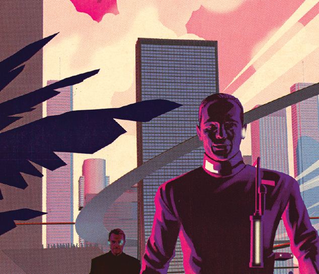 איור אנשים מסתובבים בעיר עתידנית .קרדיט:Scientific American | Tavis Coburn