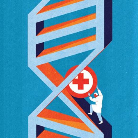 איור אדם מגלגל תרופה במעלה רצף גנטי. קרדיט: קוטרינה זוקוסקייט | Scientific American