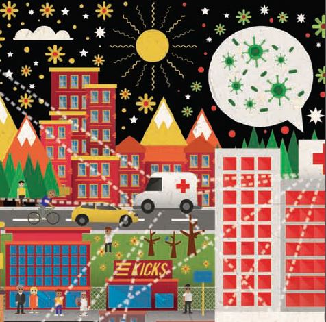 איור ציד חיידקים בסביבה עירונית. קרדיט: איי לאב דאסט | Scientific American