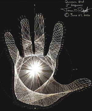 איור כף יד זוהרת עם צורות מתמטיות. קרדיט: ג'ייסון פַּדגֶ'ט | Scientific American 