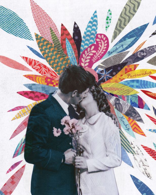 איור זוג מתנשק עלרקע קיר צבעוני .קרדיט: מרטין או'ניל | Scientific American