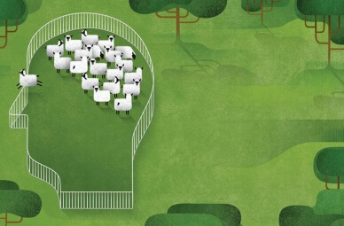 איור של כבשים בראש אדם.קרדיט: מריה קורט מיידגן | Scientific American