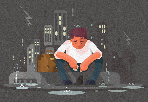 ציור של איש יושב בגשם. Shutterstock