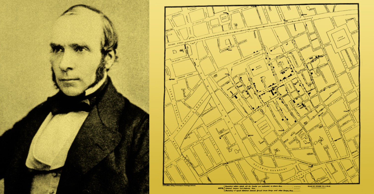 פיצח את הקשר בין המיקום למחלה. ג'ון סנואו ומפה של לונדון שעליה סימן את מוקדי הכולרה | מקור: Science Photo Library