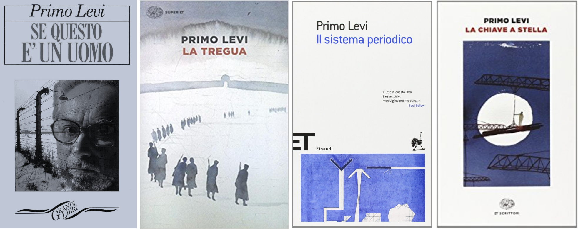 ספריו הבולטים של לוי (באיטלקית). משמאל לימין: הזהו אדם?, ההפוגה, הטבלה המחזורית, מפתח כוכב