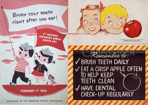 התייחסות מעטה לסוכר. כרזות אמריקאיות לעידוד בריאות השן משנות ה-50