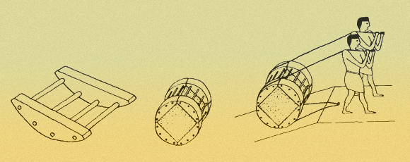 שרטוט של תוספות עץ שנקשרו לאבנים הכבדות כדי לגלגל אותן | מקור: ג'ון בוש, Engineering and Science