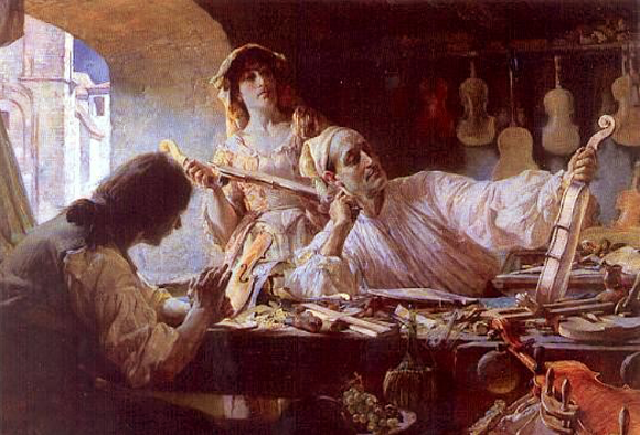 האם העץ ששימש אותו עבר טיפול כימי מיוחד? סטרדיוורי בעבודה, בציור של אדגר בנדי מ-1893 | מקור: ויקיפדיה